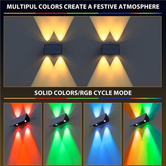 Solar fence lights outdoor warm white RGB waterproof wall deck patio yard up dow - Picture 2 of 7